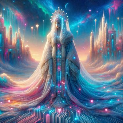 The primary subject of the image is a woman dressed in a long white gown, standing in a colorful and fantastical environment. The setting includes a sky filled with colorful lights, and the woman is surrounded by a cityscape with buildings and towers. The visual style of the image is digital art, with the woman and her surroundings depicted in a vibrant and imaginative manner. The colors and mood of the image are lively and whimsical, with the woman's white gown contrasting against the vivid and diverse colors of the sky and cityscape.